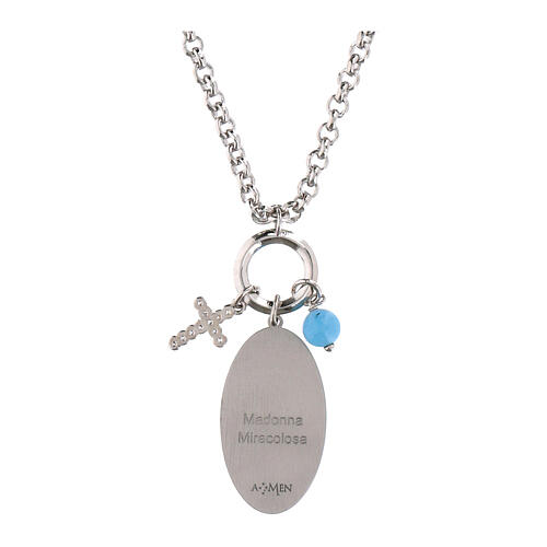 Collar de latón rodiado con angelita celeste y zircones blancos Amen Virgen Milagrosa 2