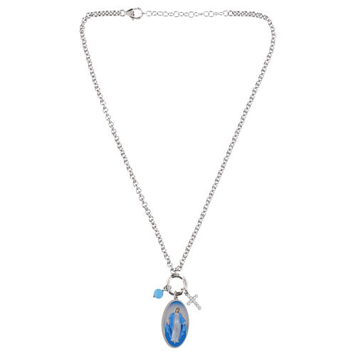 Collar de latón rodiado con angelita celeste y zircones blancos Amen Virgen Milagrosa 3