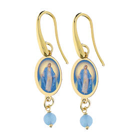 Boucles d'oreilles pendantes en laiton doré avec angélite bleu ciel Vierge Miraculeuse Amen