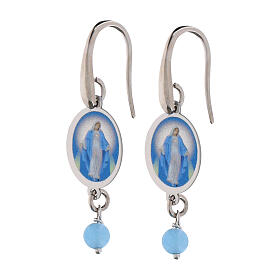 Dangling earrings with light blue angelite in rhodium-plated brass by Amen, Our Lady of Graces medal