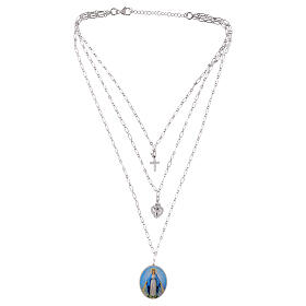 Halskette, AMEN, mehrreihig, rhodiniertes Messing, mit Darstellung der Gottesmutter von Medjugorje, Heiligstes Herz-Anhänger und Kreuz mit weißen Zirkonia