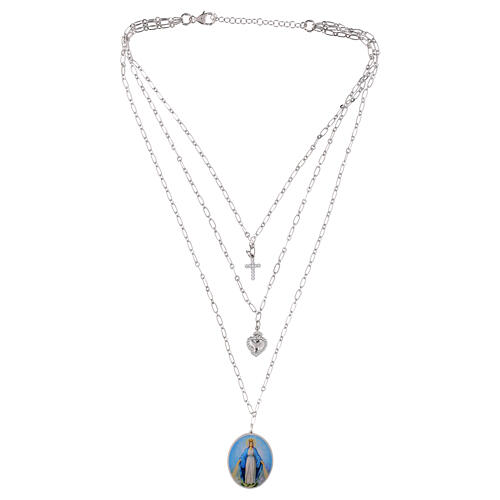 Halskette, AMEN, mehrreihig, rhodiniertes Messing, mit Darstellung der Gottesmutter von Medjugorje, Heiligstes Herz-Anhänger und Kreuz mit weißen Zirkonia 2