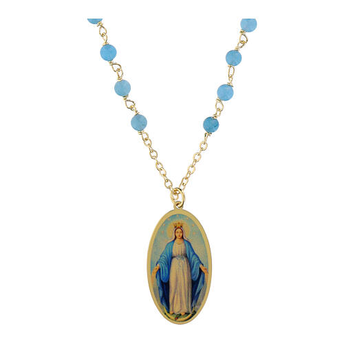 Collier en laiton doré Amen avec angélite bleu ciel Notre-Dame de Medjugorje 1