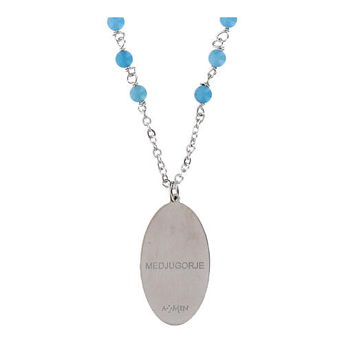 Halskette, AMEN, rhodiniertes Messing, mit himmelblauen Angelit-Perlen und Gottesmutter von Medjugorje 2