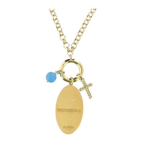Golden brass necklace by Amen with sky blue angelite and white zirconia, Our Lady of Medjugorje 3