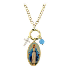 Collana in ottone dorato con angelite celeste e zirconi bianchi Madonna di Medjugorje Amen