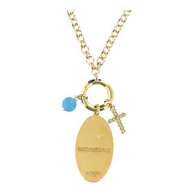 Collana in ottone dorato con angelite celeste e zirconi bianchi Madonna di Medjugorje Amen