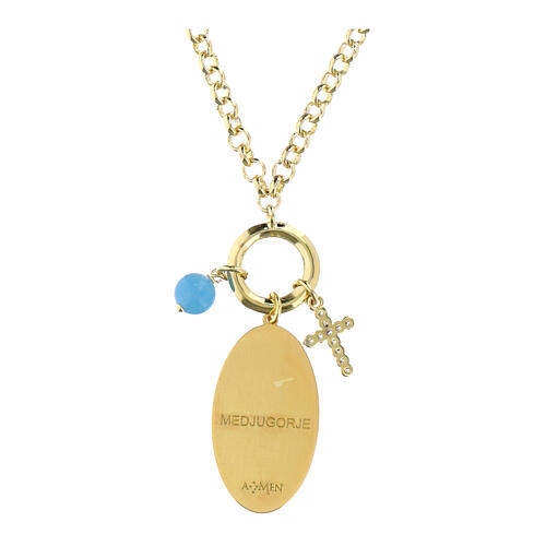 Collana in ottone dorato con angelite celeste e zirconi bianchi Madonna di Medjugorje Amen 2
