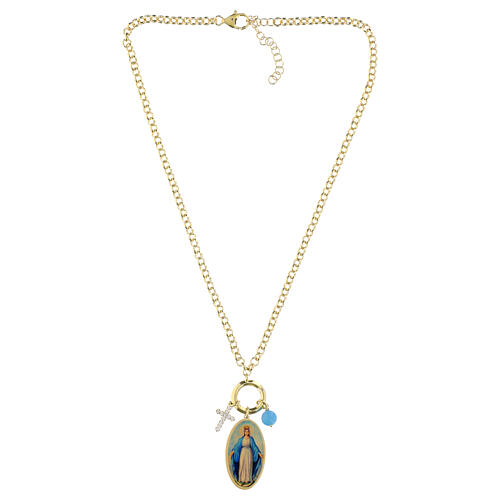 Collana in ottone dorato con angelite celeste e zirconi bianchi Madonna di Medjugorje Amen 3