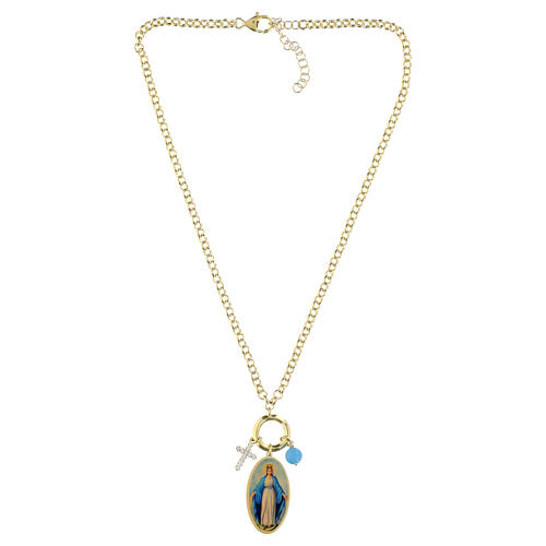 Lady of Medjugorje necklace in gold-plated brass with sky-blue angelite and white zircons, Amen 4