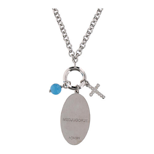 Amen-Halskette aus rhodiniertem Messing mit himmelblauer Angelit und weißen Zirkonia Madonna von Medjugorje 3