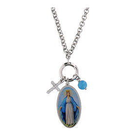 Collana Amen in ottone rodiato con angelite celeste e zirconi bianchi Madonna di Medjugorje