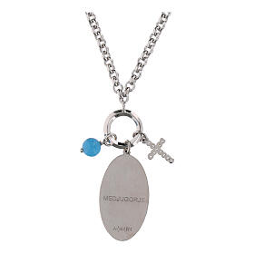 Collana Amen in ottone rodiato con angelite celeste e zirconi bianchi Madonna di Medjugorje