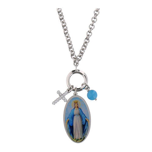 Collana Amen in ottone rodiato con angelite celeste e zirconi bianchi Madonna di Medjugorje 1