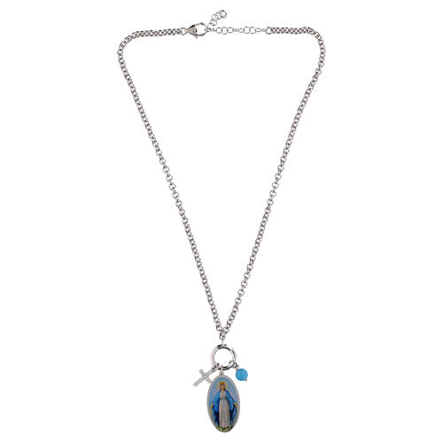 Collana Amen in ottone rodiato con angelite celeste e zirconi bianchi Madonna di Medjugorje 3