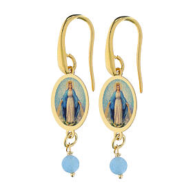 AMEN brass dangling earrings with light blue angelite bead, Our Lady of Medjugorje