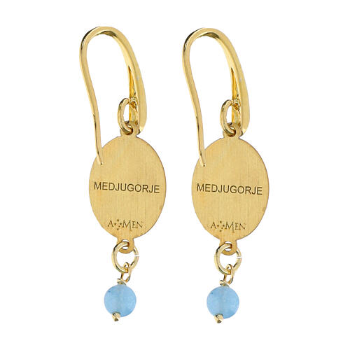 AMEN brass dangling earrings with light blue angelite bead, Our Lady of Medjugorje 2