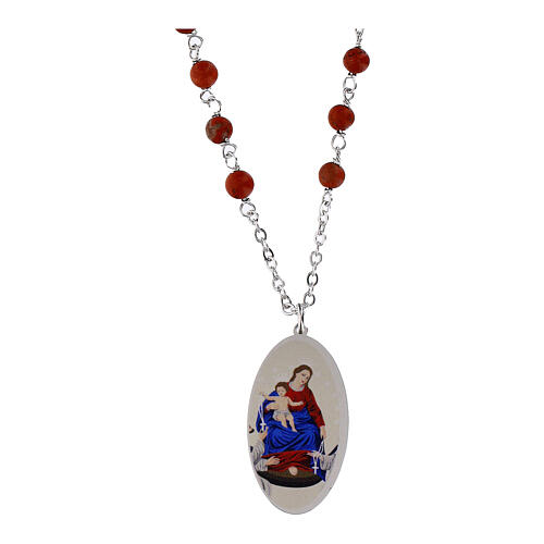 Collier Notre-Dame du Rosaire de Pompéi en laiton rhodié avec jaspe rouge Amen 1