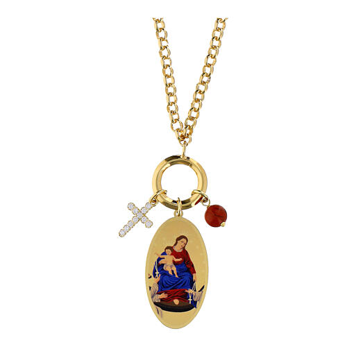 Gold-plated brass necklace with red jasper and white zircons, Virgin of the Rosary of Pompeii, Amen 1