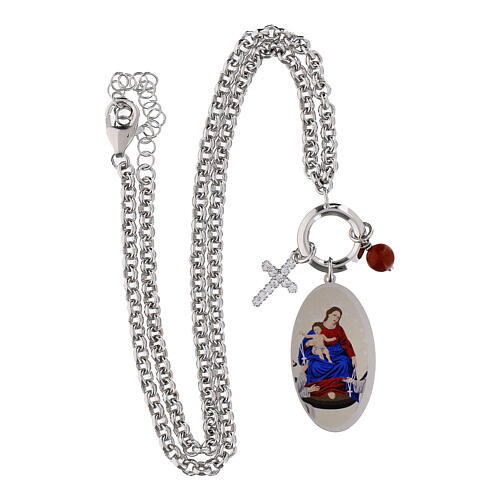 Rhodium-plated brass necklace Amen with red jasper and white zircons, Virgin of the Rosary of Pompeii 4