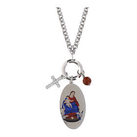 Collar de latón rodiado Amen con jaspe rojo y zircones blancos Virgen de Pompeya