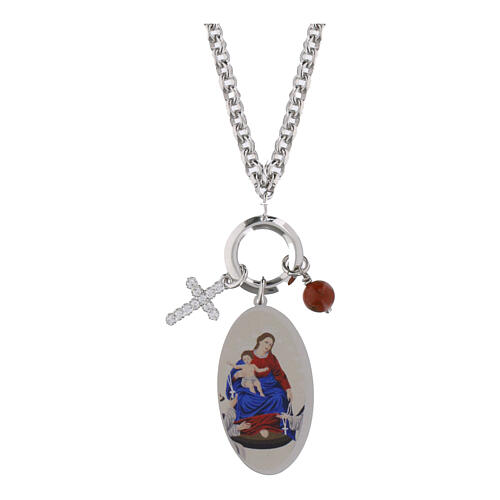 Collar de latón rodiado Amen con jaspe rojo y zircones blancos Virgen de Pompeya 1