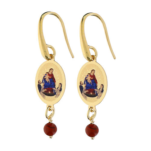 Brincos pendentes com jaspe vermelho em latão dourado Amen Nossa Senhora do Rosário de Pompéia 1