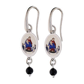 Pendientes colgantes de latón rodiado Amen Virgen de Pompeya con grano de jaspe rojo