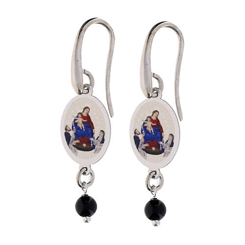 Pendientes colgantes de latón rodiado Amen Virgen de Pompeya con grano de jaspe rojo 1