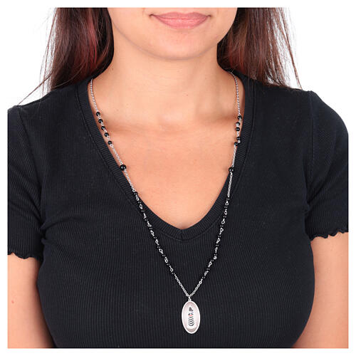 Amen necklace with black onyx beads and Our Lady of Loreto medal in rhodium-plated brass 2
