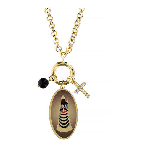 Halskette, AMEN, vergoldetes Messing, mit schwarzem Onyx, weißen Zirkonia und Darstellung der Gottesmutter von Loreto 1