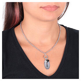 Halskette, AMEN, rhodiniertes Messing, mit schwarzem Onyx, weißen Zirkonia und Darstellung der Gottesmutter von Loreto