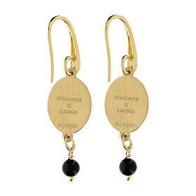 Dangling earrings of Our Lady of Loreto in golden brass with black onyx bead