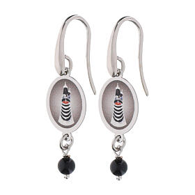Rhodium-plated brass earrings with black onyx bead and pendant of Our Lady of Loreto