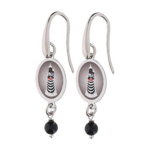 Pendientes de latón rodiado y grano ónix negro colgante Virgen de Loreto 1