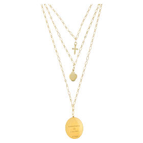 Collar de latón dorado con zircones blancos medalla Virgen de Lourdes Amen