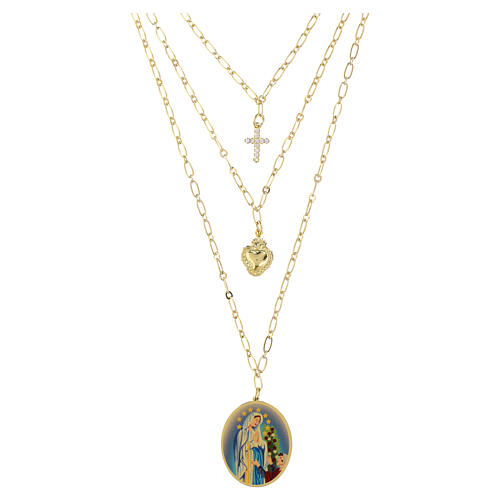 Collana in ottone dorato a strati con zirconi bianchi medaglia Madonna di Lourdes Amen 1