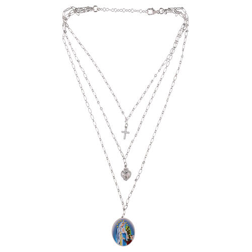 Colar Amen três correntes com zircões brancos medalha Nossa Senhora de Lourdes em latão rodinado 3