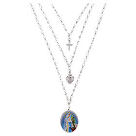 Amen Necklace with White Zircons and Lady of Lourdes Medal in Layered Rhodium-Plated Brass