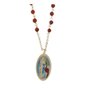 Collana Amen con diaspro rosso medaglia Madonna di Lourdes in ottone dorato