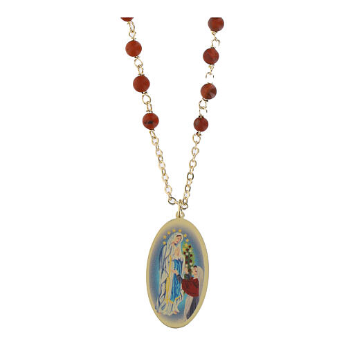 Collana Amen con diaspro rosso medaglia Madonna di Lourdes in ottone dorato 1