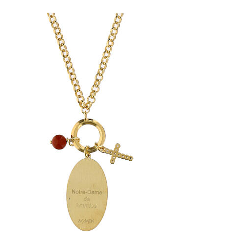 Halskette, AMEN, vergoldetes Messing, mit rotem Jaspis, weißen Zirkonia und Darstellung der Gottesmutter von Lourdes 2