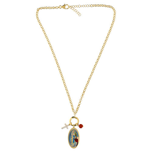 Halskette, AMEN, vergoldetes Messing, mit rotem Jaspis, weißen Zirkonia und Darstellung der Gottesmutter von Lourdes 3