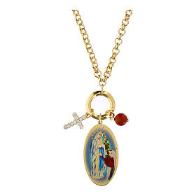 Gold-plated brass necklace with Amen charms, red jasper, white zircons, and Our Lady of Lourdes medal