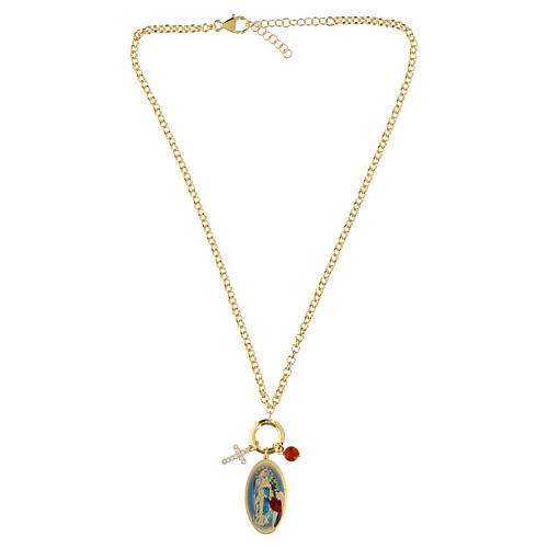 Gold-plated brass necklace with Amen charms, red jasper, white zircons, and Our Lady of Lourdes medal 4