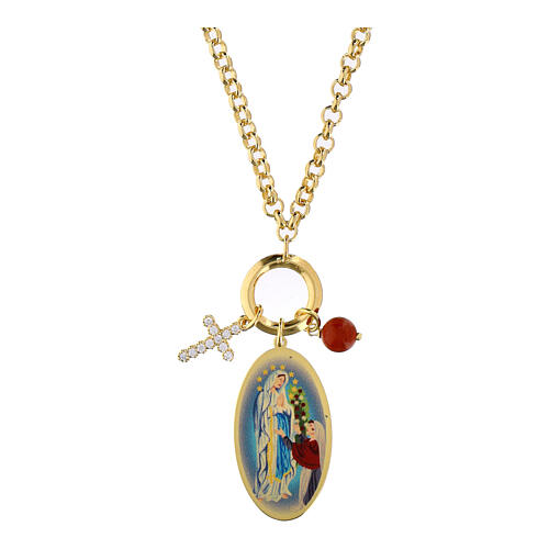 Collar latón dorado Amen colgantes jaspe rojo zircones blancos Virgen de Lourdes 1