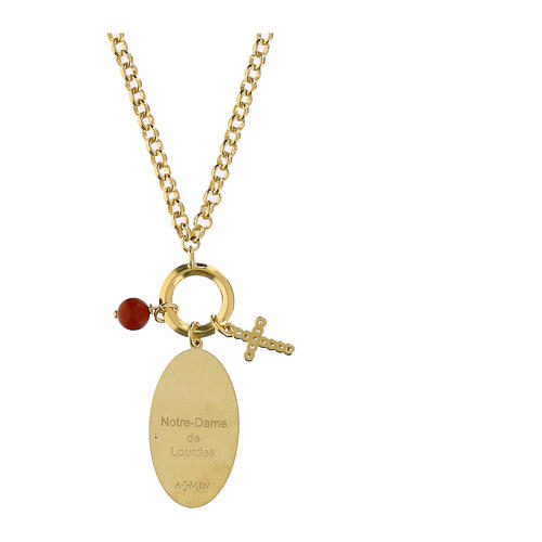 Collar latón dorado Amen colgantes jaspe rojo zircones blancos Virgen de Lourdes 3