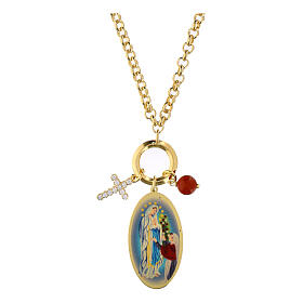 Collana ottone dorato Amen charms diaspro rosso zirconi bianchi Madonna Lourdes