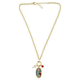 Colar de latão dourado Amen com pingentes de jaspe vermelho e zircões brancos da Nossa Senhora de Lourdes