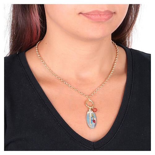 Brass Necklace Gold-Plated Charms Red Jasper White Zircons Our Lady of Lourdes, Amen 2